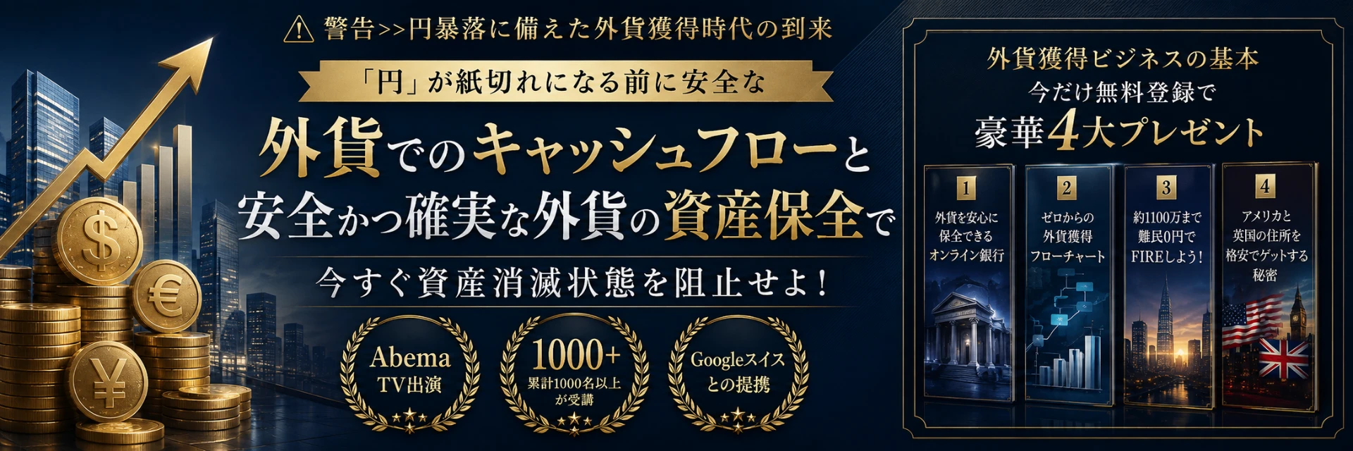 外貨でのキャッシュフローづくりと資産分散の考え方を、わかりやすく解説。無料登録で4つのガイドを受け取れます。