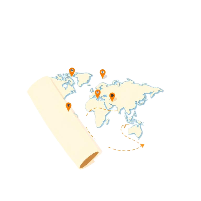 世界地図の上にルートとピンが描かれた外貨獲得ロードマップのイラスト
