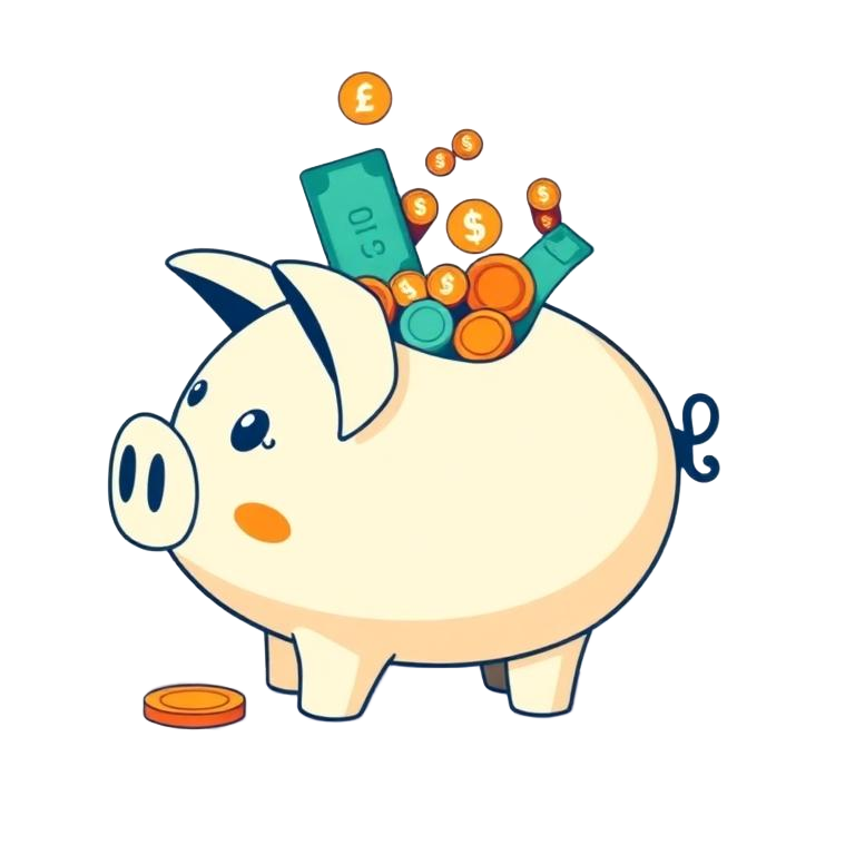 各国のコインが集まる貯金箱のイラスト